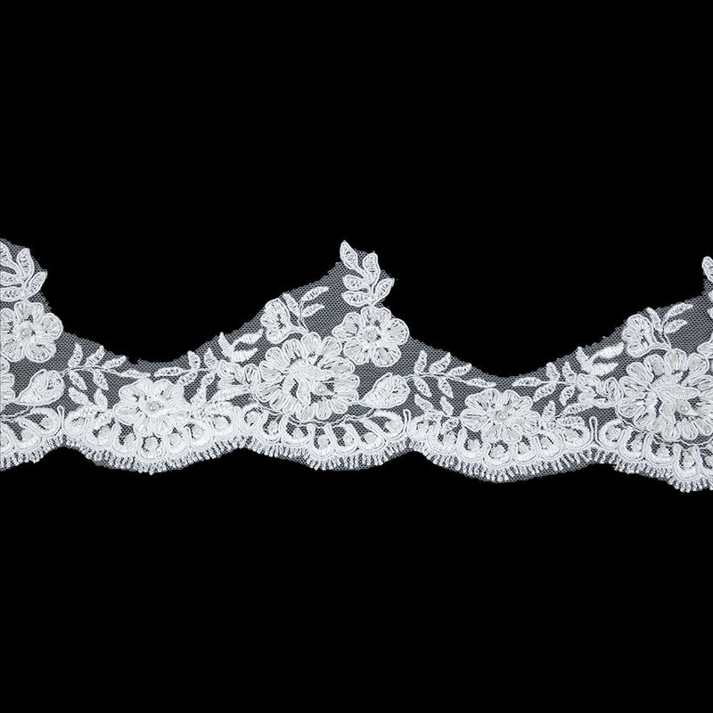 White Scalloped Floral Beaded and Corded Bridal Lace Trim - 3.5"