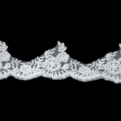 White Scalloped Floral Beaded and Corded Bridal Lace Trim - 3.5"
