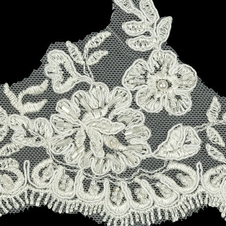 Off White Scalloped Floral Beaded and Corded Bridal Lace Trim - 3.5"