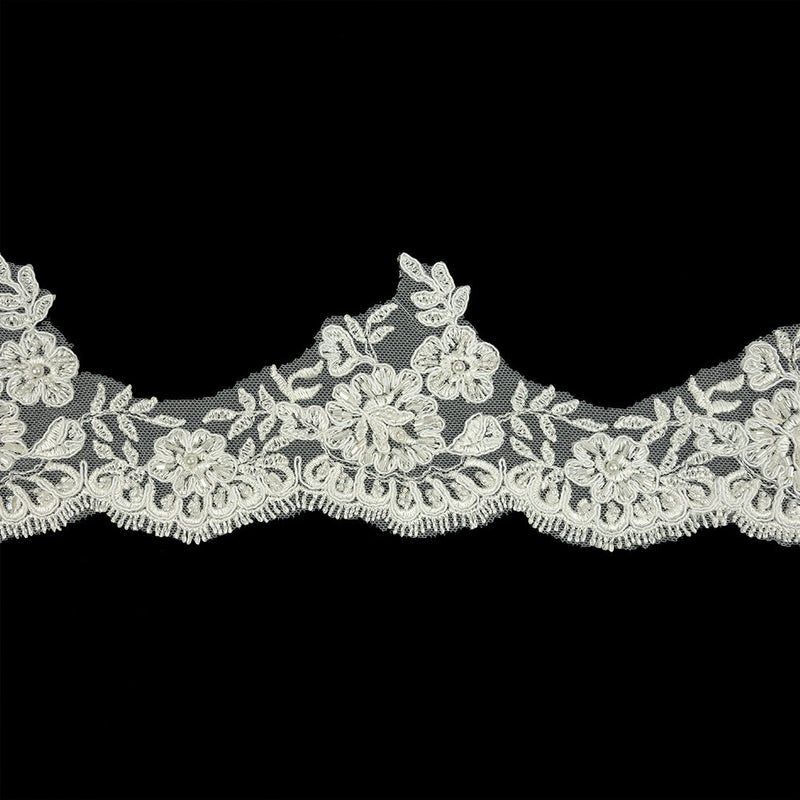 Off White Scalloped Floral Beaded and Corded Bridal Lace Trim - 3.5"