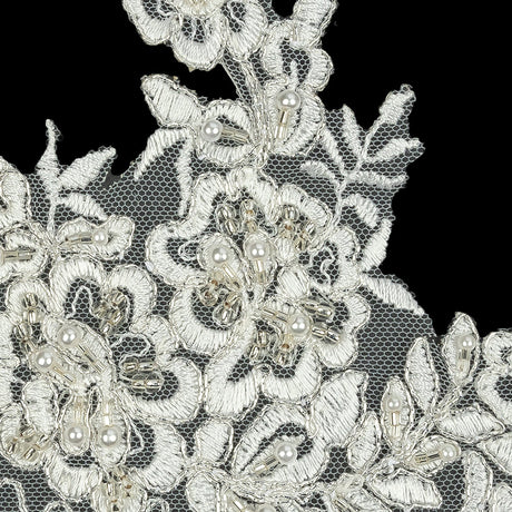 Off White and Silver Floral Scalloped Beaded and Corded Bridal Lace Trim - 5.5"