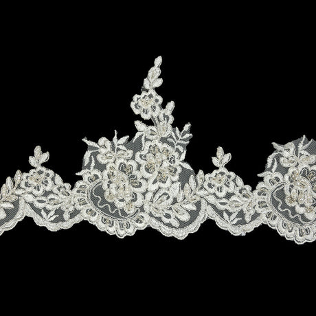Off White and Silver Floral Scalloped Beaded and Corded Bridal Lace Trim - 5.5"