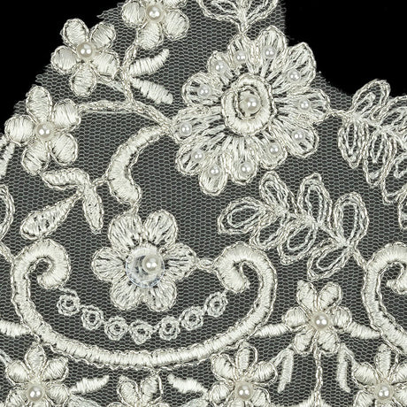 Off White and Metallic Silver Floral and Scalloped Bridal Lace Trim with Faux Pearl Beads - 5.5"