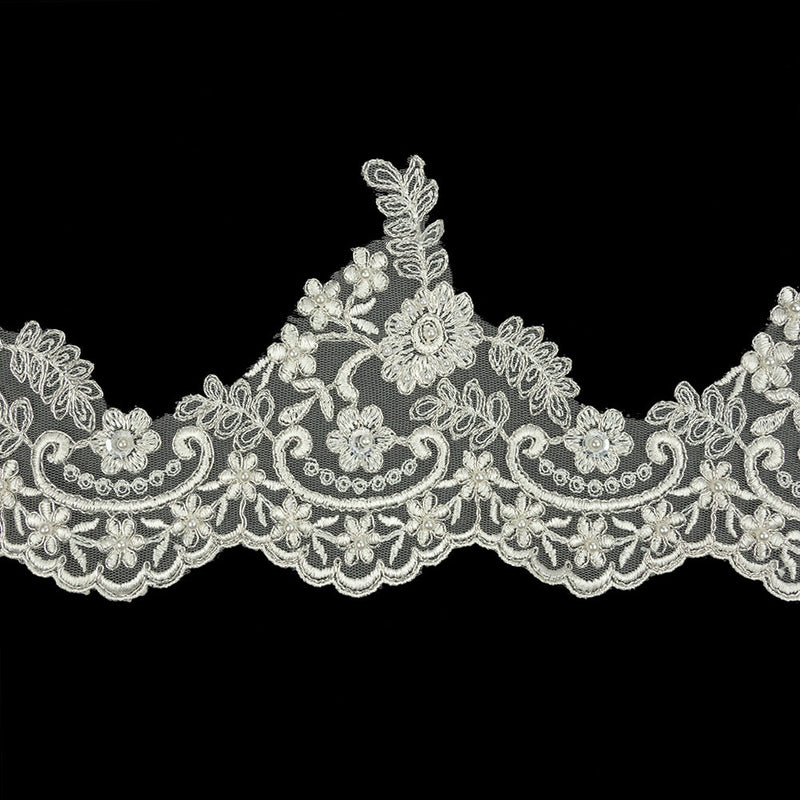 Off White and Metallic Silver Floral and Scalloped Bridal Lace Trim with Faux Pearl Beads - 5.5"