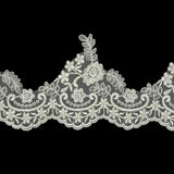 Off White and Metallic Silver Floral and Scalloped Bridal Lace Trim with Faux Pearl Beads - 5.5"