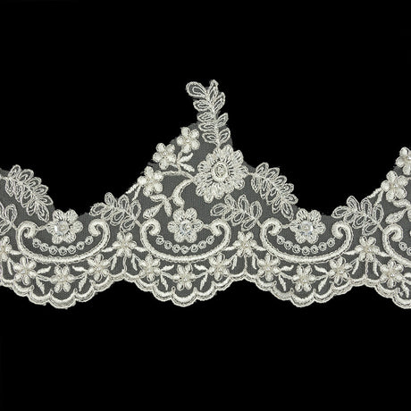 Off White and Metallic Silver Floral and Scalloped Bridal Lace Trim with Faux Pearl Beads - 5.5"