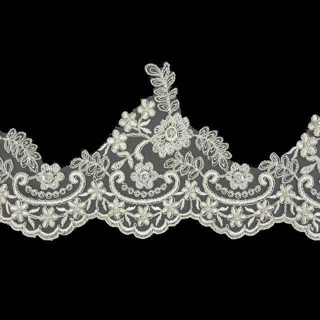 Off White and Metallic Silver Floral and Scalloped Bridal Lace Trim with Faux Pearl Beads - 5.5"