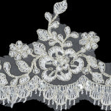 White and Metallic Silver Floral and Fringed Scallops Corded Bridal Lace Trim with Faux Pearl Beads - 3.5"