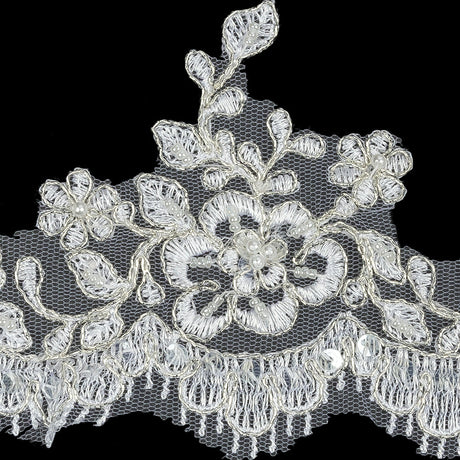 White and Metallic Silver Floral and Fringed Scallops Corded Bridal Lace Trim with Faux Pearl Beads - 3.5"