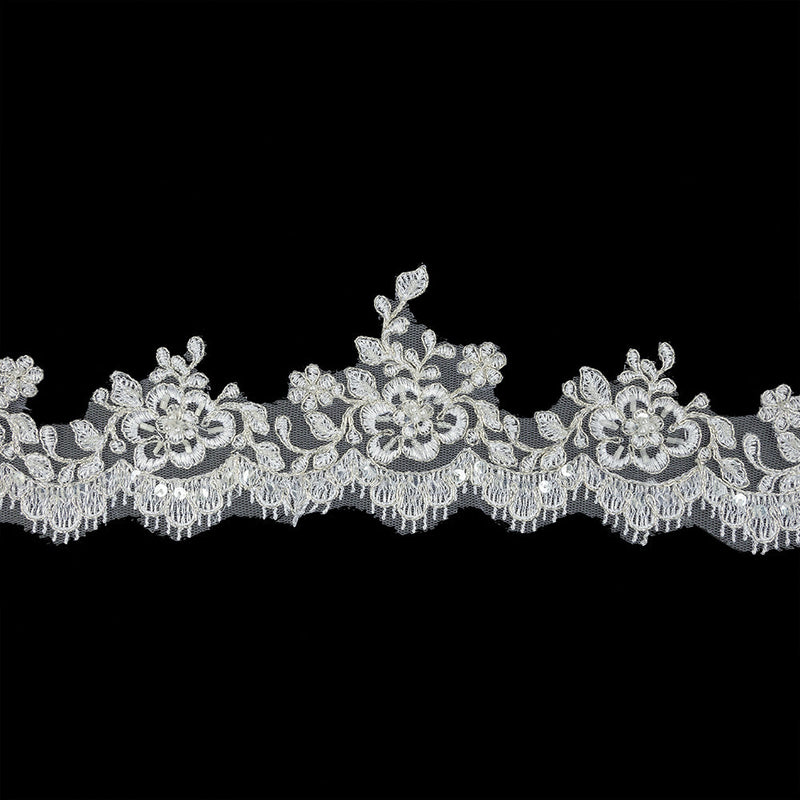 White and Metallic Silver Floral and Fringed Scallops Corded Bridal Lace Trim with Faux Pearl Beads - 3.5"