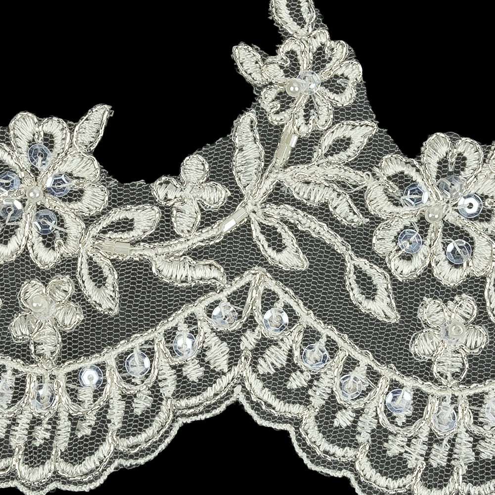 Off White and Metallic Silver Floral and Scalloped Edge Corded Bridal Lace Trim with Sequins and Faux Pearl Beads - 3.5"