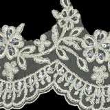 Off White and Metallic Silver Floral and Scalloped Edge Corded Bridal Lace Trim with Sequins and Faux Pearl Beads - 3.5"