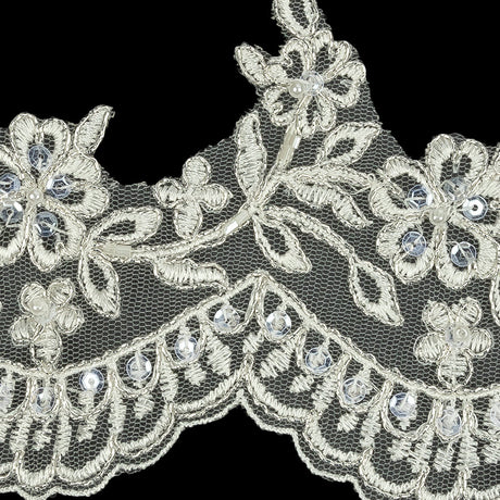 Off White and Metallic Silver Floral and Scalloped Edge Corded Bridal Lace Trim with Sequins and Faux Pearl Beads - 3.5"