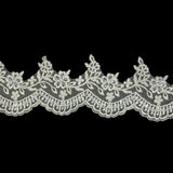 Off White and Metallic Silver Floral and Scalloped Edge Corded Bridal Lace Trim with Sequins and Faux Pearl Beads - 3.5"