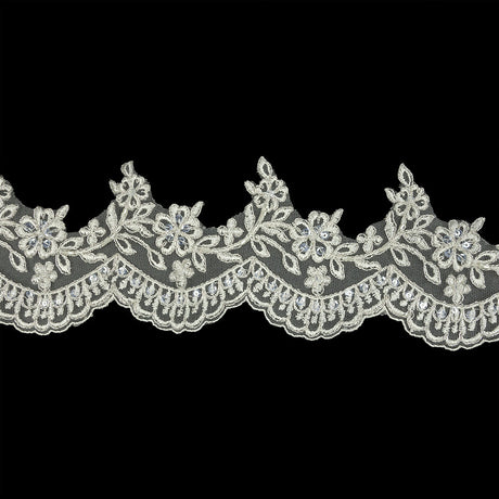 Off White and Metallic Silver Floral and Scalloped Edge Corded Bridal Lace Trim with Sequins and Faux Pearl Beads - 3.5"