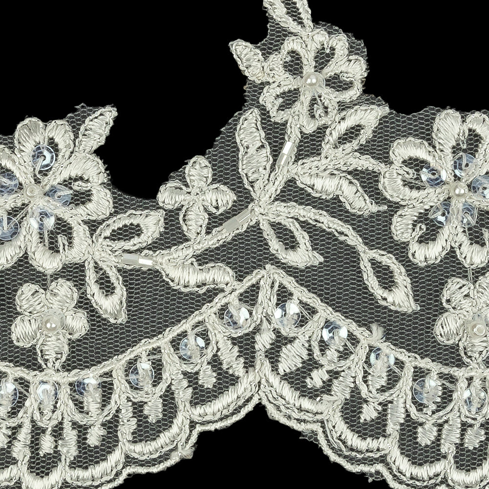 Off White and Striped Metallic Silver Floral and Scalloped Edge Corded Bridal Lace Trim with Sequins and Faux Pearl Beads - 3.5"