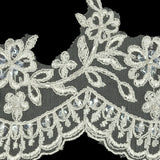 Off White and Striped Metallic Silver Floral and Scalloped Edge Corded Bridal Lace Trim with Sequins and Faux Pearl Beads - 3.5"