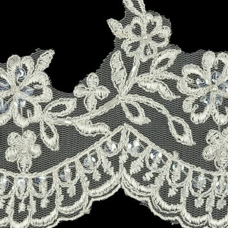 Off White and Striped Metallic Silver Floral and Scalloped Edge Corded Bridal Lace Trim with Sequins and Faux Pearl Beads - 3.5"