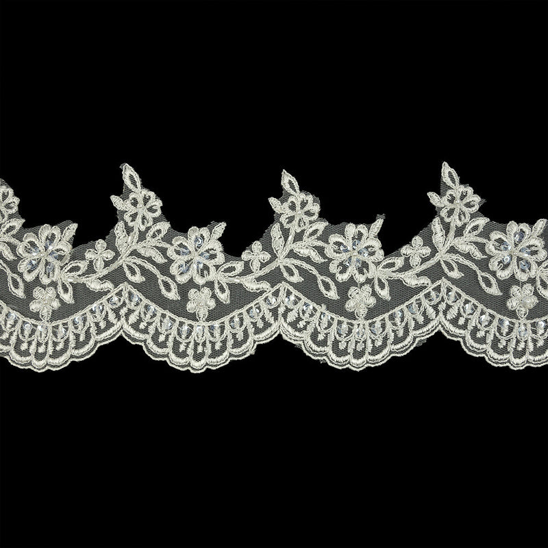 Off White and Striped Metallic Silver Floral and Scalloped Edge Corded Bridal Lace Trim with Sequins and Faux Pearl Beads - 3.5"