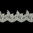 Off White and Striped Metallic Silver Floral and Scalloped Edge Corded Bridal Lace Trim with Sequins and Faux Pearl Beads - 3.5"