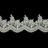 Off White and Striped Metallic Silver Floral and Scalloped Edge Corded Bridal Lace Trim with Sequins and Faux Pearl Beads - 3.5"