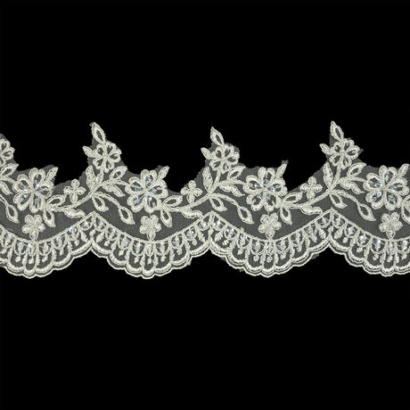 Off White and Striped Metallic Silver Floral and Scalloped Edge Corded Bridal Lace Trim with Sequins and Faux Pearl Beads - 3.5"