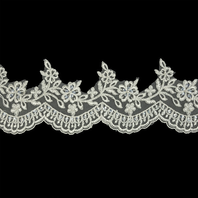 Off White and Striped Metallic Silver Floral and Scalloped Edge Corded Bridal Lace Trim with Sequins and Faux Pearl Beads - 3.5"