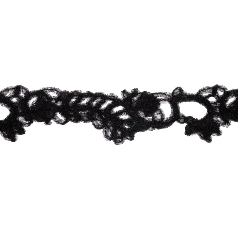 Famous NYC Designer Black Floral Vines Ruffled Tulle Lace Trim - 2.75"