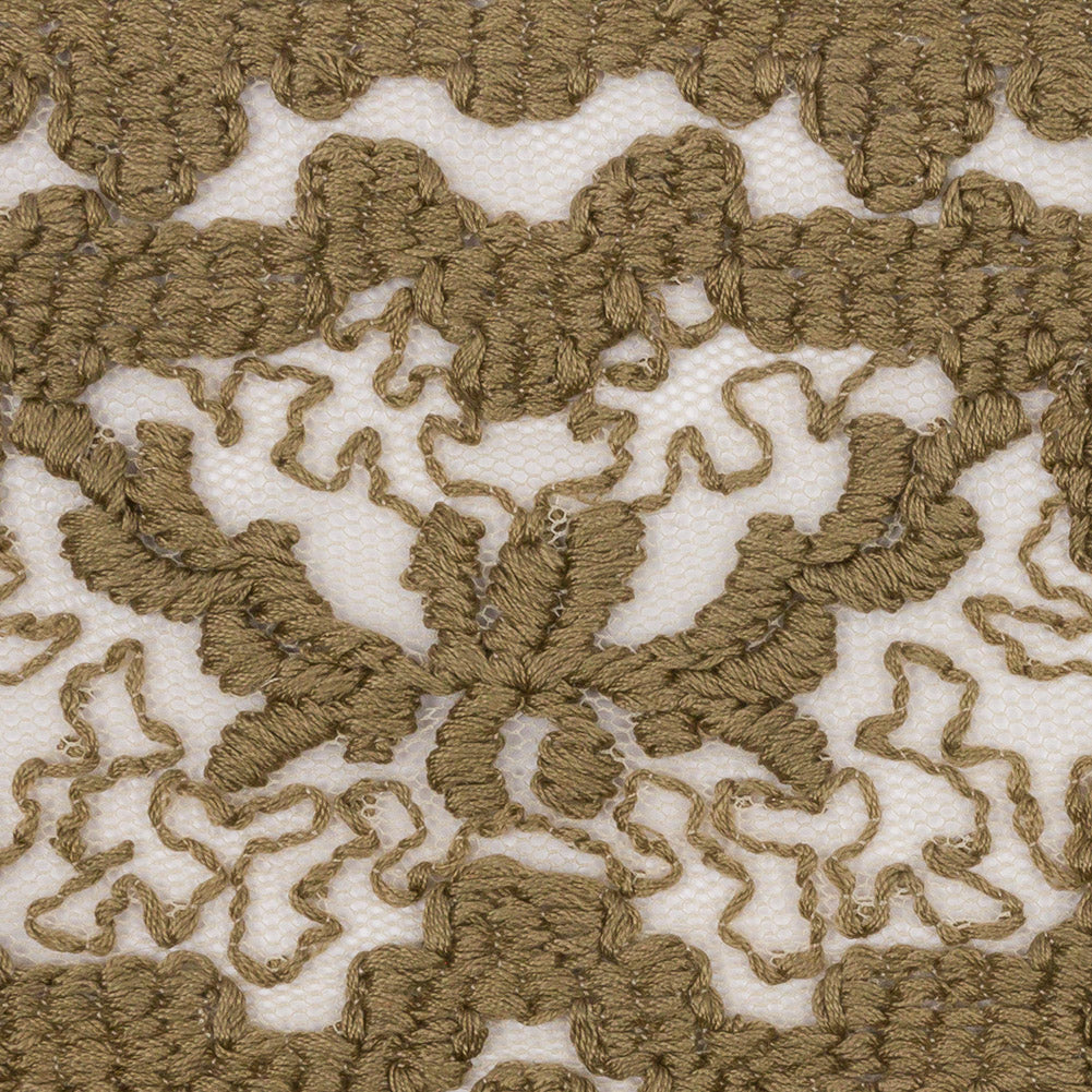 Olive Brown and Beige Abstract Floral Embroidered Lace Trim - 7"