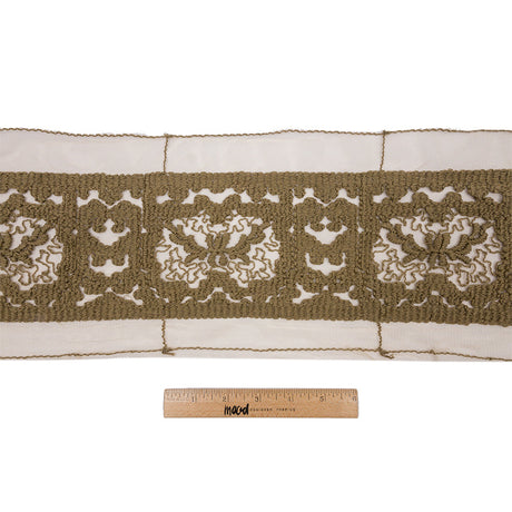 Olive Brown and Beige Abstract Floral Embroidered Lace Trim - 7"