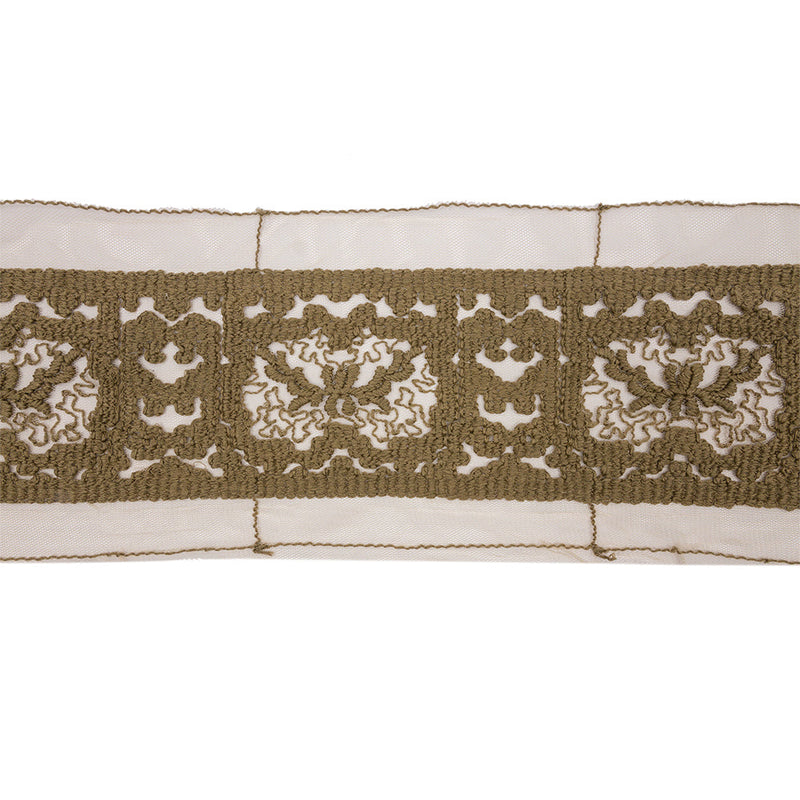 Olive Brown and Beige Abstract Floral Embroidered Lace Trim - 7"