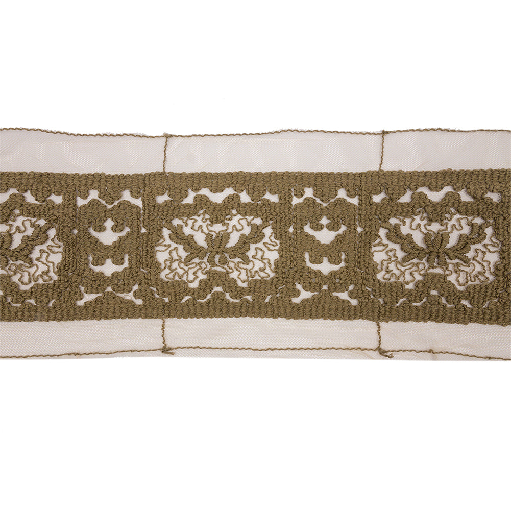 Olive Brown and Beige Abstract Floral Embroidered Lace Trim - 7"