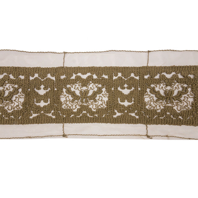 Olive Brown and Beige Abstract Floral Embroidered Lace Trim - 7"