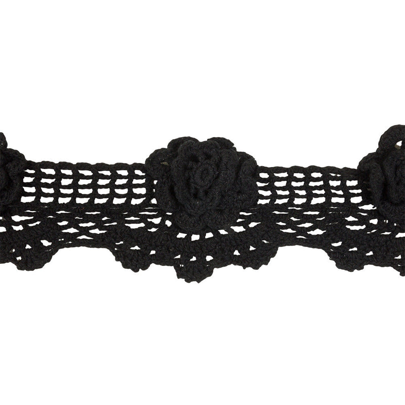 Black 3D Flowers Scalloped Crochet Lace Trim - 3.25"