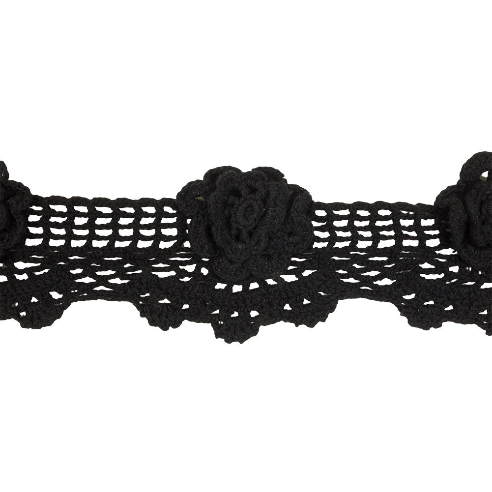 Black 3D Flowers Scalloped Crochet Lace Trim - 3.25"