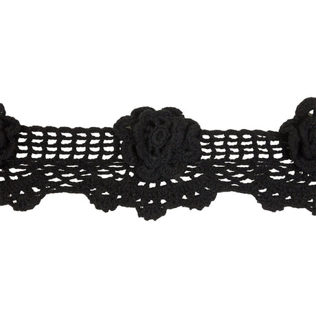Black 3D Flowers Scalloped Crochet Lace Trim - 3.25"