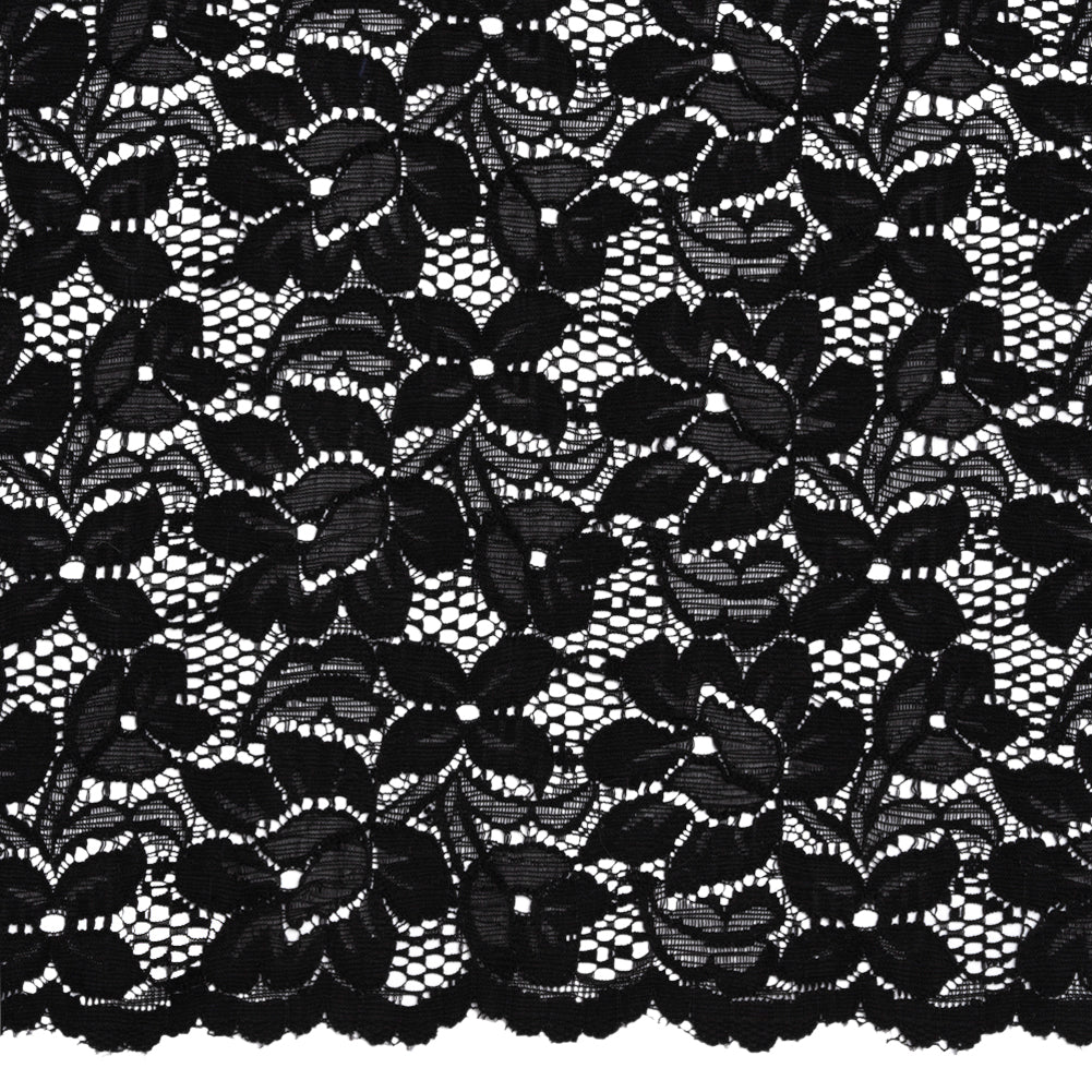 Shimmering Black Floral Stretch Lace Trim with Scalloped Edges - 11.25"