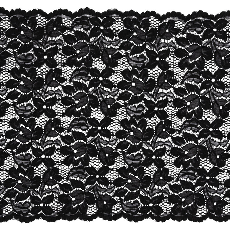 Shimmering Black Floral Stretch Lace Trim with Scalloped Edges - 11.25"