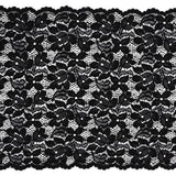 Shimmering Black Floral Stretch Lace Trim with Scalloped Edges - 11.25"