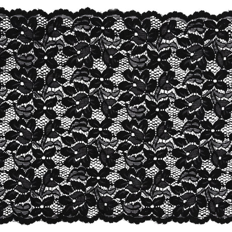 Shimmering Black Floral Stretch Lace Trim with Scalloped Edges - 11.25"