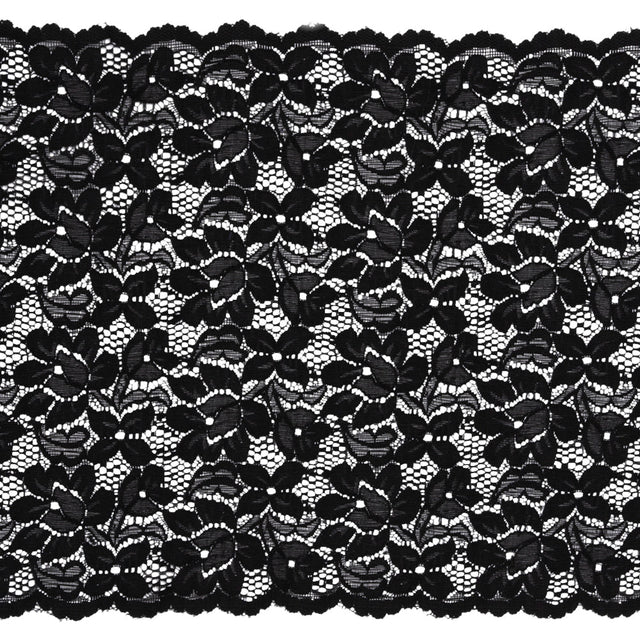 Shimmering Black Floral Stretch Lace Trim with Scalloped Edges - 11.25"