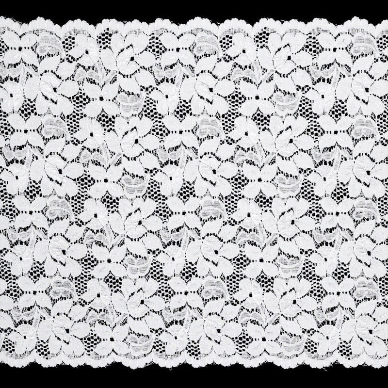 Shimmering White Floral Stretch Lace Trim with Scalloped Edges - 11.25"