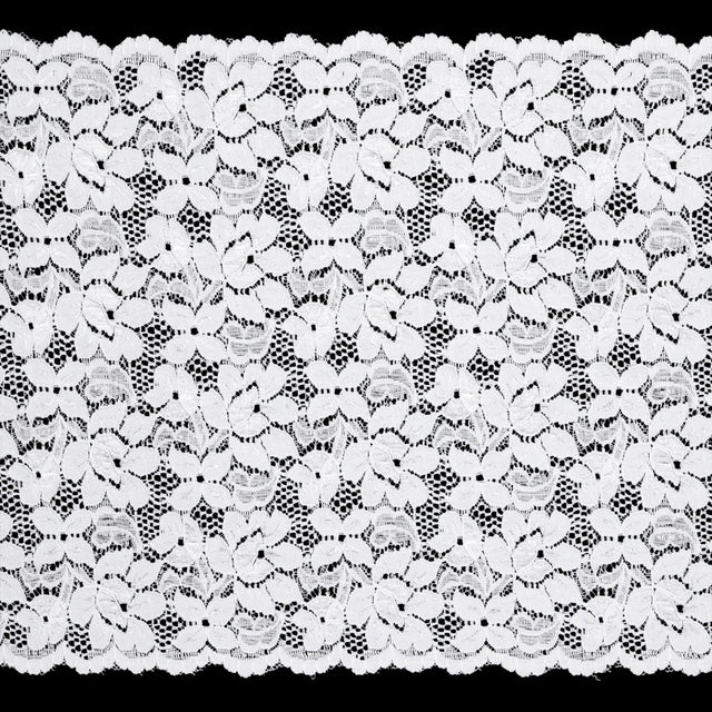 Shimmering White Floral Stretch Lace Trim with Scalloped Edges - 11.25"