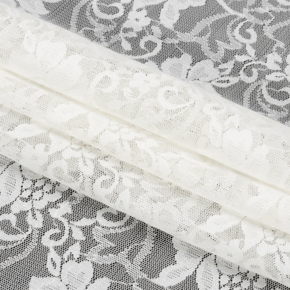 White Floral Stretch Lace Trim with Scalloped Edge - 10.75"