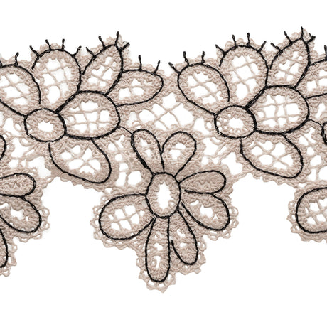 Vanilla and Black Floral Outlines Lace Trim - 3.125"