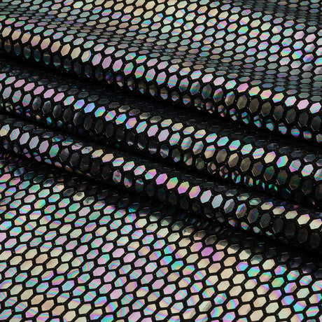Black and Silver Oil Slick Hexagons Foiled Stretch Nylon Knit