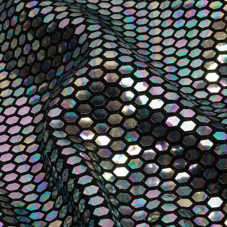 Black and Silver Oil Slick Hexagons Foiled Stretch Nylon Knit