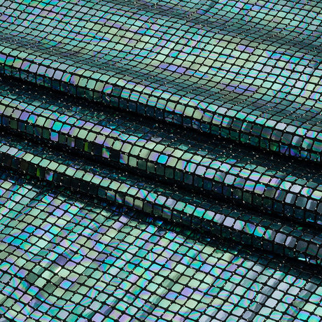 Blue Oil Slick and Black Squares Foiled Stretch Nylon Knit