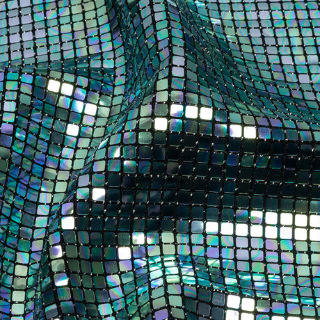 Blue Oil Slick and Black Squares Foiled Stretch Nylon Knit