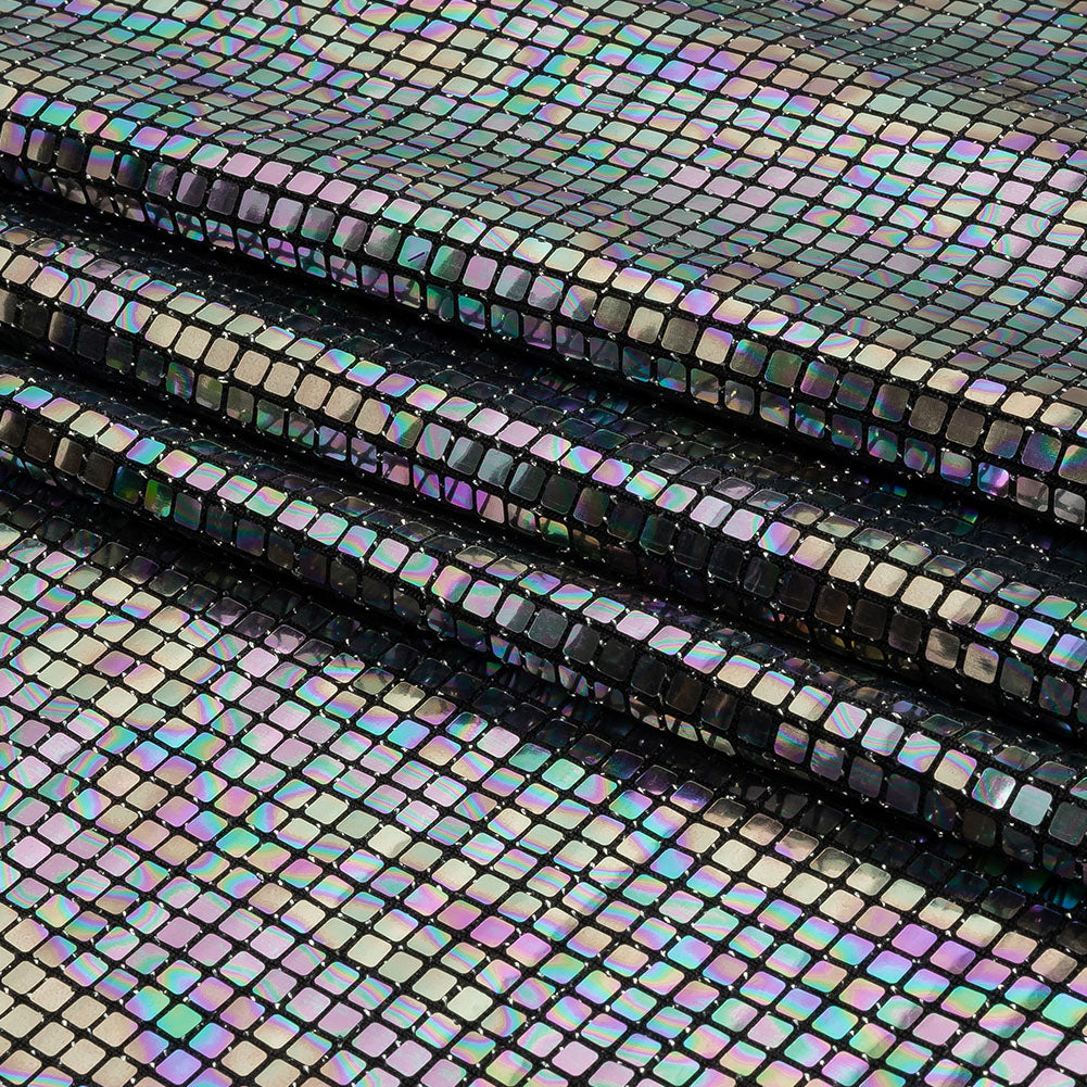 Silver Oil Slick and Black Squares Foiled Stretch Nylon Knit
